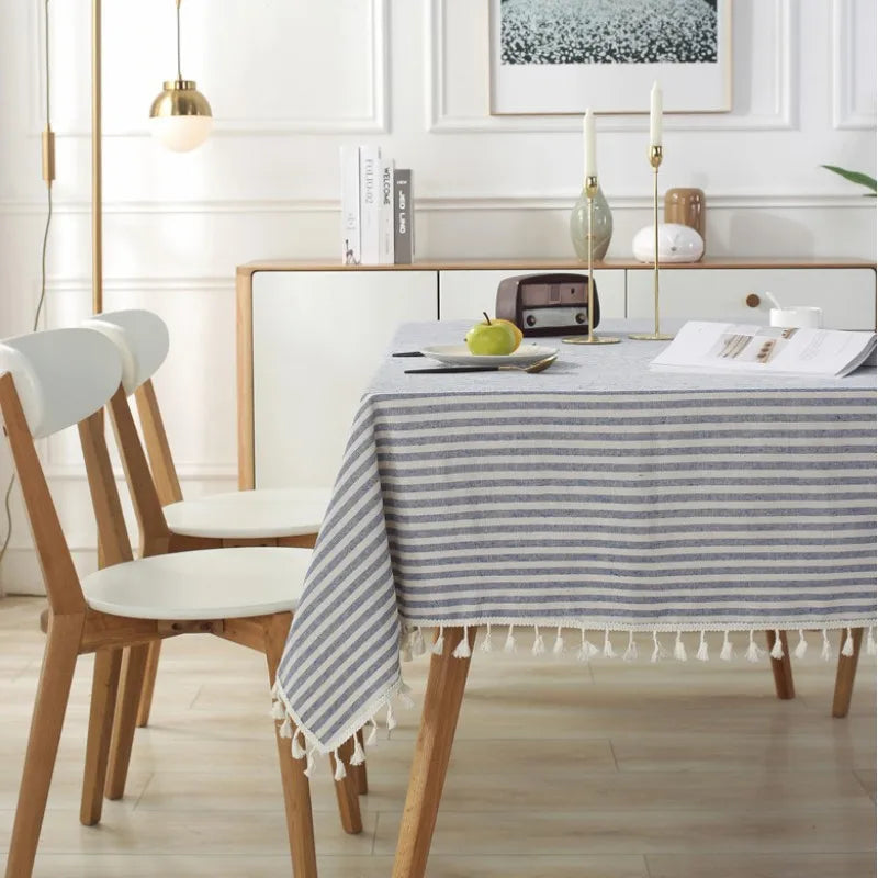 STRIPED TASSEL TABLECLOTH - Gingham Polyester, Tassel Fringe - Laid Tables