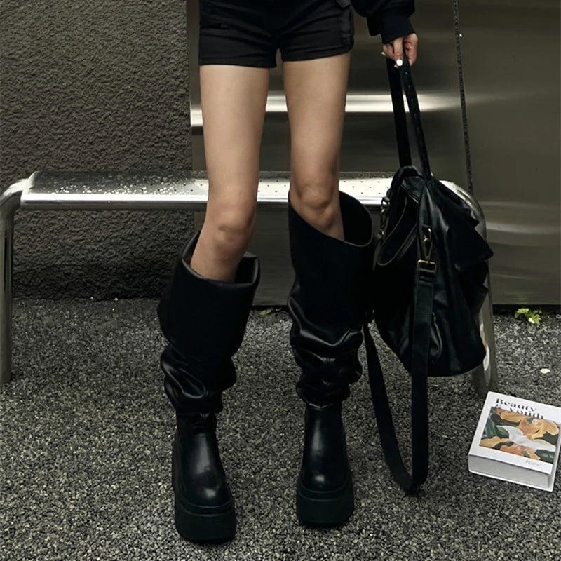 Pleated Slip-On Knee-High Boots – Square Heel