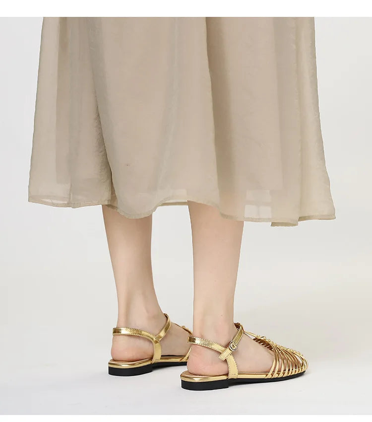 Band Flat Sandals Women Summer Round Toe Ankle Buckle Hollow Roman Sandal Plus Size Beach Shoe