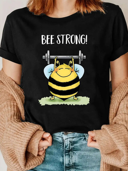 New T-shirt for Outdoor Leisure Sports Summer 2025 Round Neck Short Sleeves Funny Bee Fitness Pattern Printed Women's Casual Top