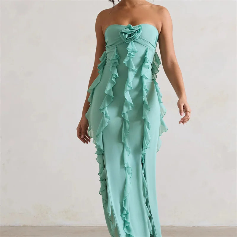 Mint green strapless 3D floral slit evening dress, fitted bodycon dress for dates, vacations, and parties