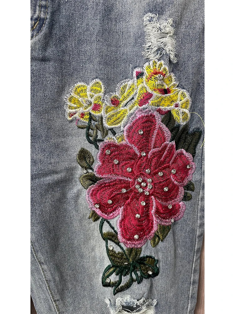 Bloom Boom Riot - 3D Floral Embroidered Ripped Boyfriend Jeans with Pearls