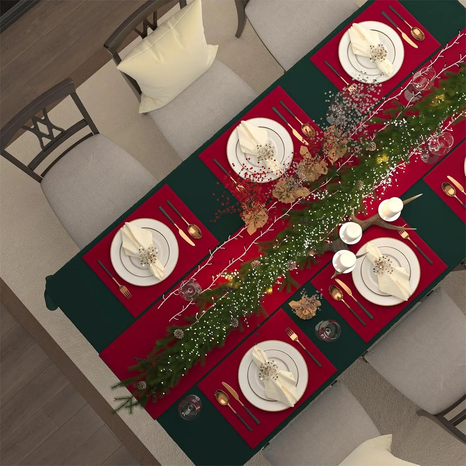 HUNTER GREEN WATERPROOF TABLECLOTH - Spillproof Linen-Look Rectangle Cover - Festive & Practical