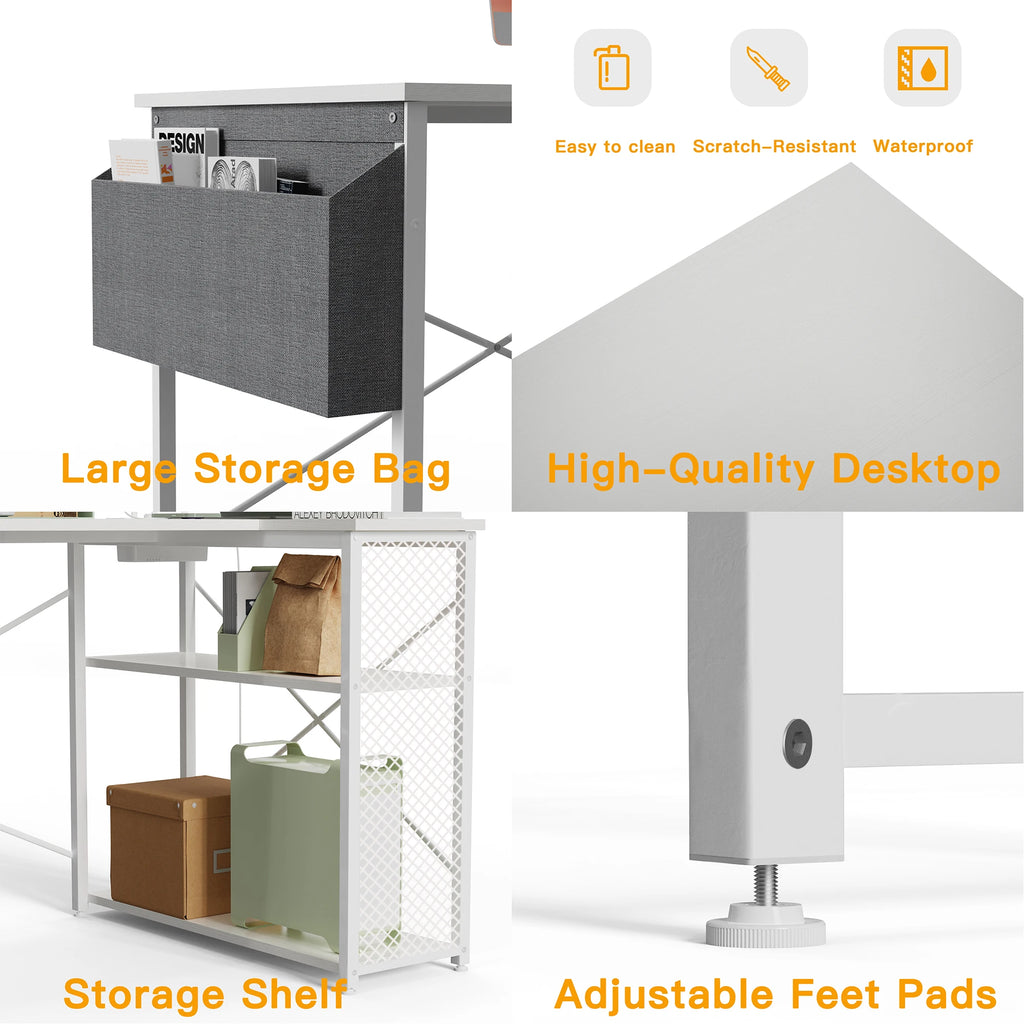L-Shaped Corner Desk – Monitor Shelf, USB & Power Outlet