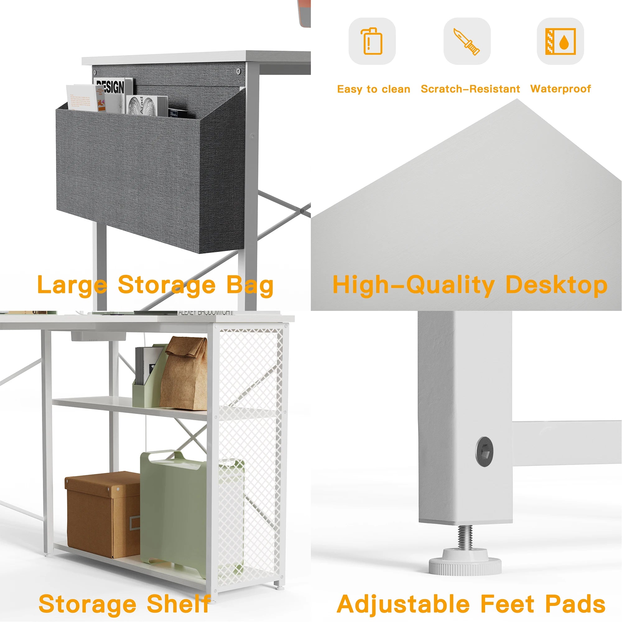 L-Shaped Corner Desk – Monitor Shelf, USB & Power Outlet