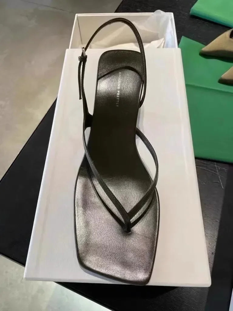 Retro Square Toe Clip Toe Sandals Kitten Heel Back Strap Brown Solid Concise French Style Sexy Fashion Women's Shoes Summer Casual