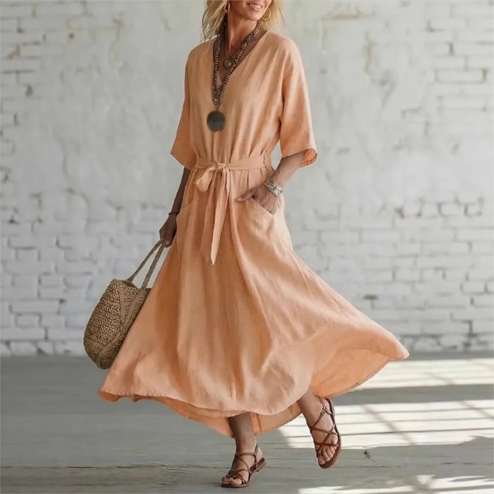 New Summer Elegant Simple Retro Cotton Linen V-neck Women's Dress Casual Mid-sleeve Solid Color Fashion Belt Wide Hem Long Skirt