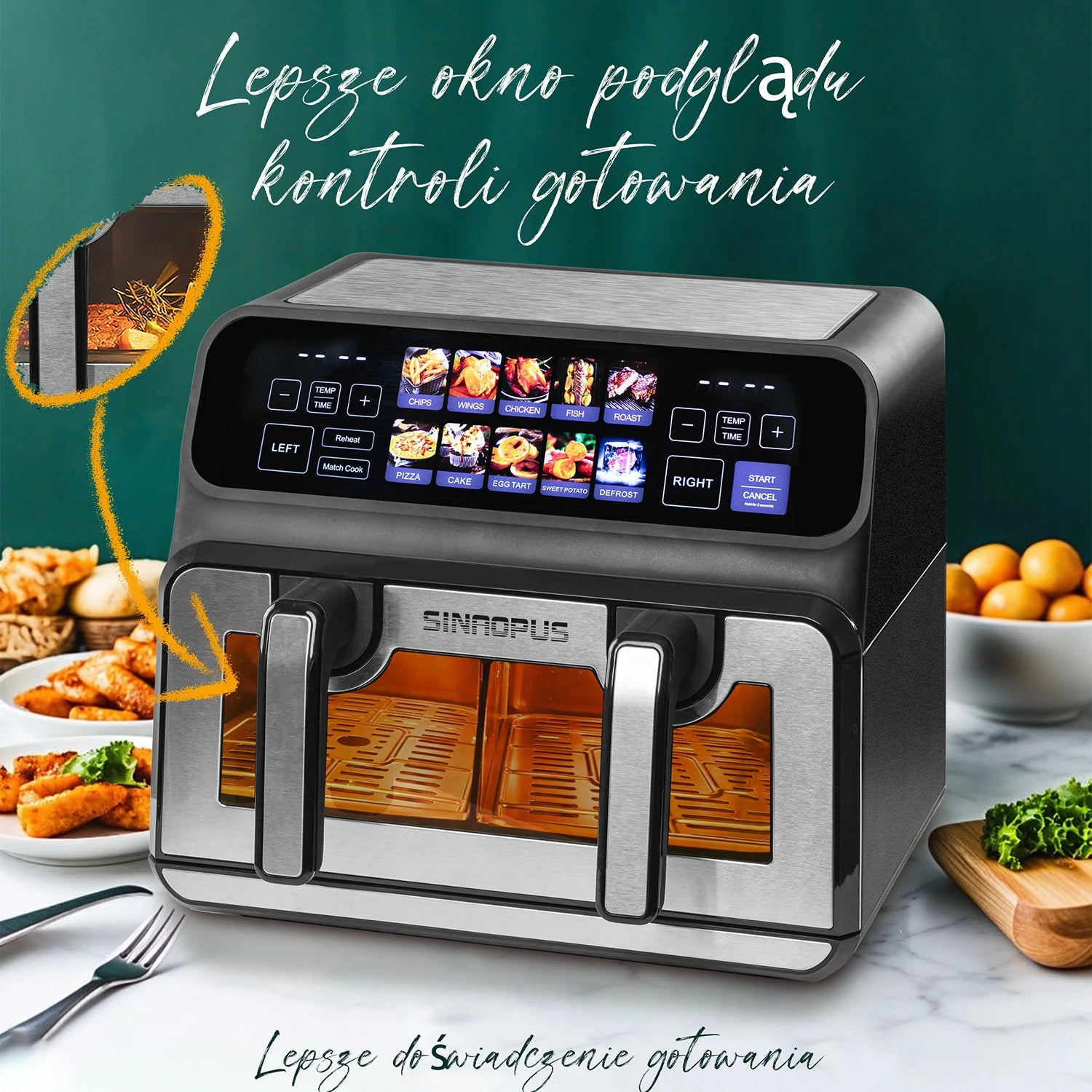 Sinaopus Air Fryer 9L XXL Dual Chamber - 2200W, LED Touch