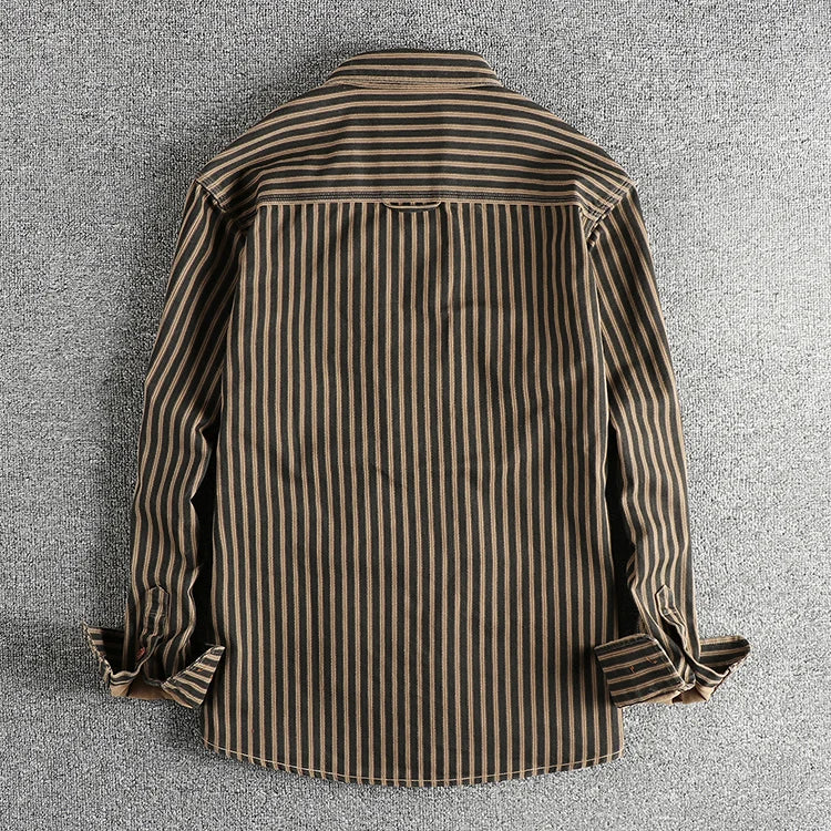 RETRO STRIPE - Men's Casual Shirt - Washed Cotton, Multi-Pocket, Autumn Style