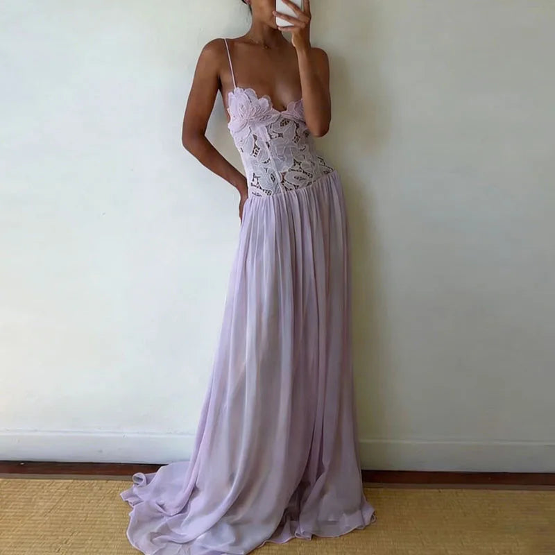 Elegant Pure Color Chiffon Dress Sexy Lace Spliced Mesh Pleated Evening Dress Fashion Hollow Out Sleeveless Halter Banquet Dress