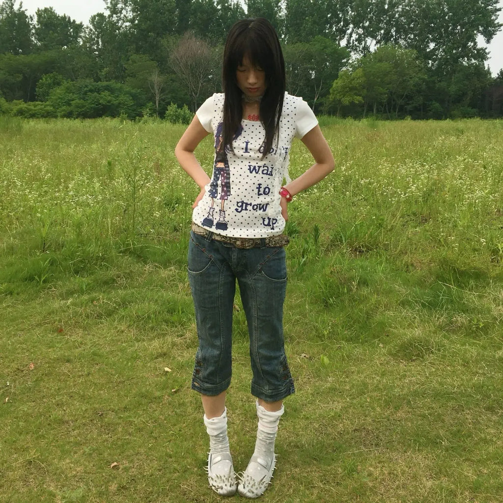 Japanese Y2k Anime Print T-shirt 2000s Polka Dots T Shirts Vintage Harajuku Short Sleeve Tee American Retro Street hottie top