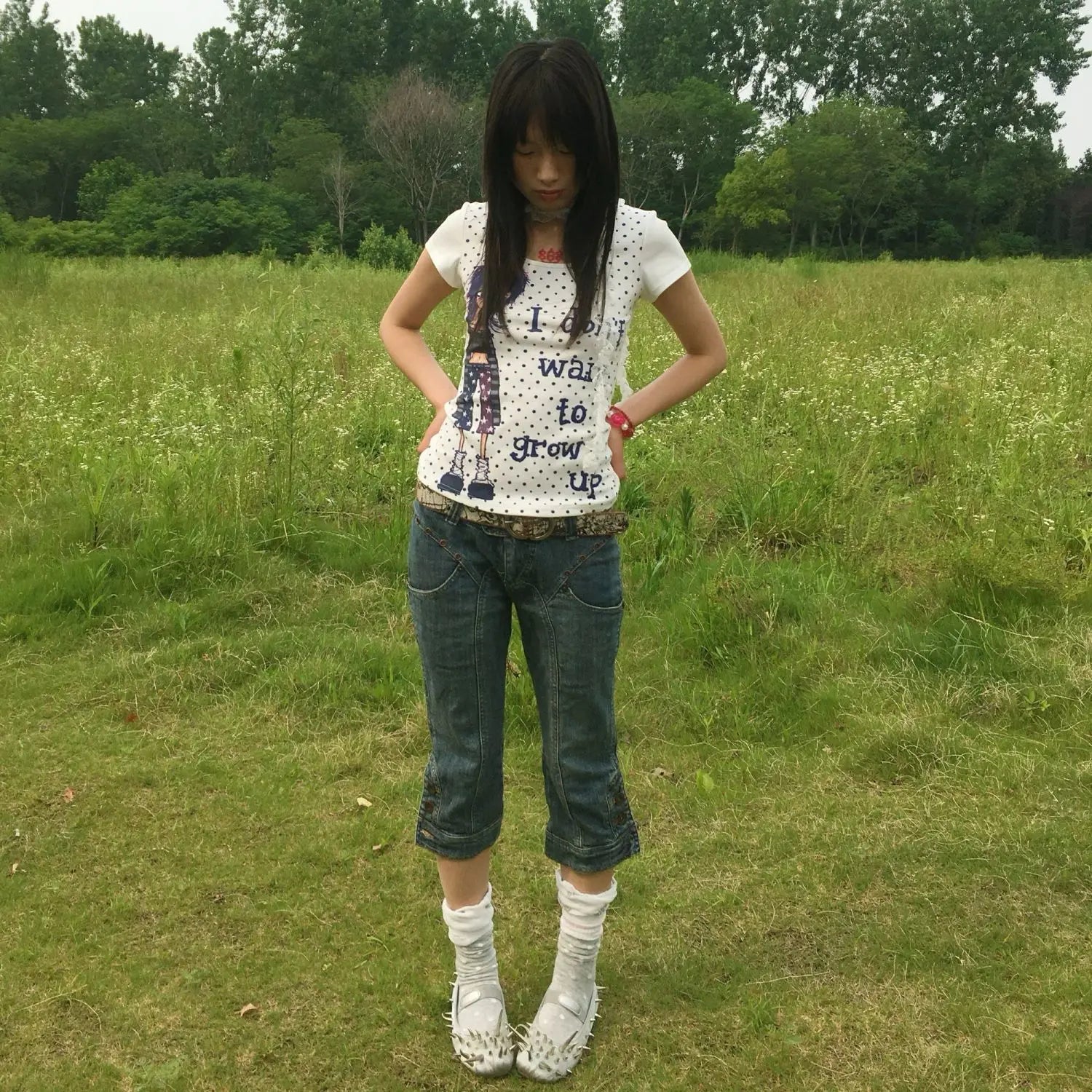 Japanese Y2k Anime Print T-shirt 2000s Polka Dots T Shirts Vintage Harajuku Short Sleeve Tee American Retro Street hottie top