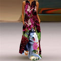 Vintage Print Maxi Dress For Women Summer Loose Sleeveless Long Dresses Elegant Lady V Neck Pocket Boho Beach Sundress Vestidos