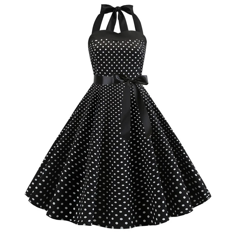 Sexy Retro White Polka Dot Dress Hepburn Vintage Halter Party Dress 50s 60s Pin Up Rockabilly Dress