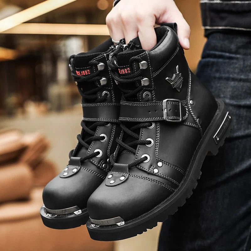 Men's Punk Rock Knight Boots Metal Rivets - Leather Motorcycle Winter EU 38-46