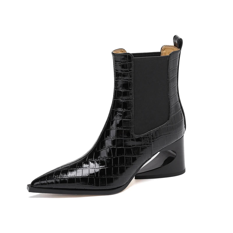 Genuine Leather Chelsea Boots – Embossed Pointed Irregular Heel