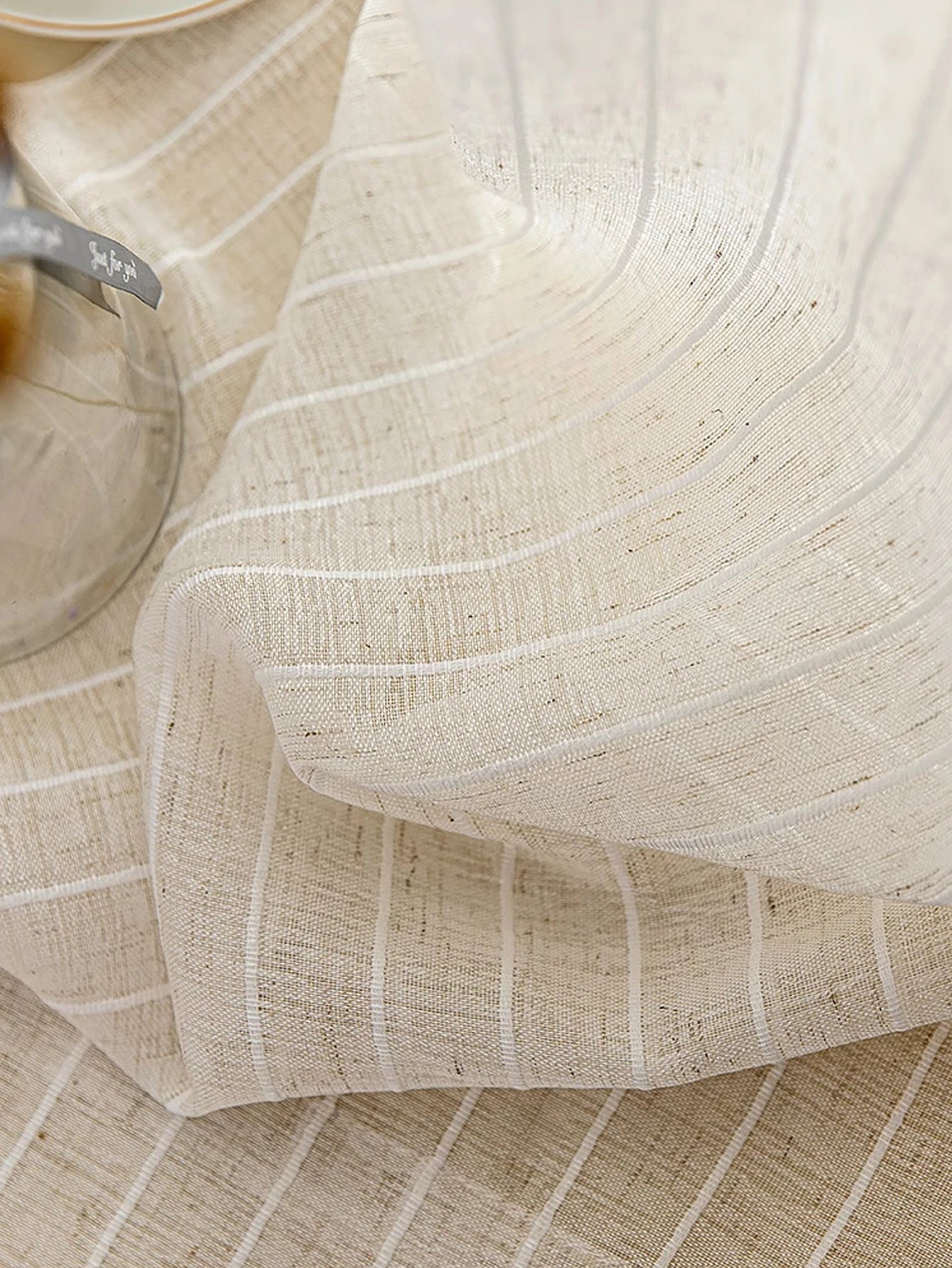 STRIPED LINEN SHEER CURTAINS - Beige Voile Panel, 4 Headings - Quiet Stripes, Easy Light
