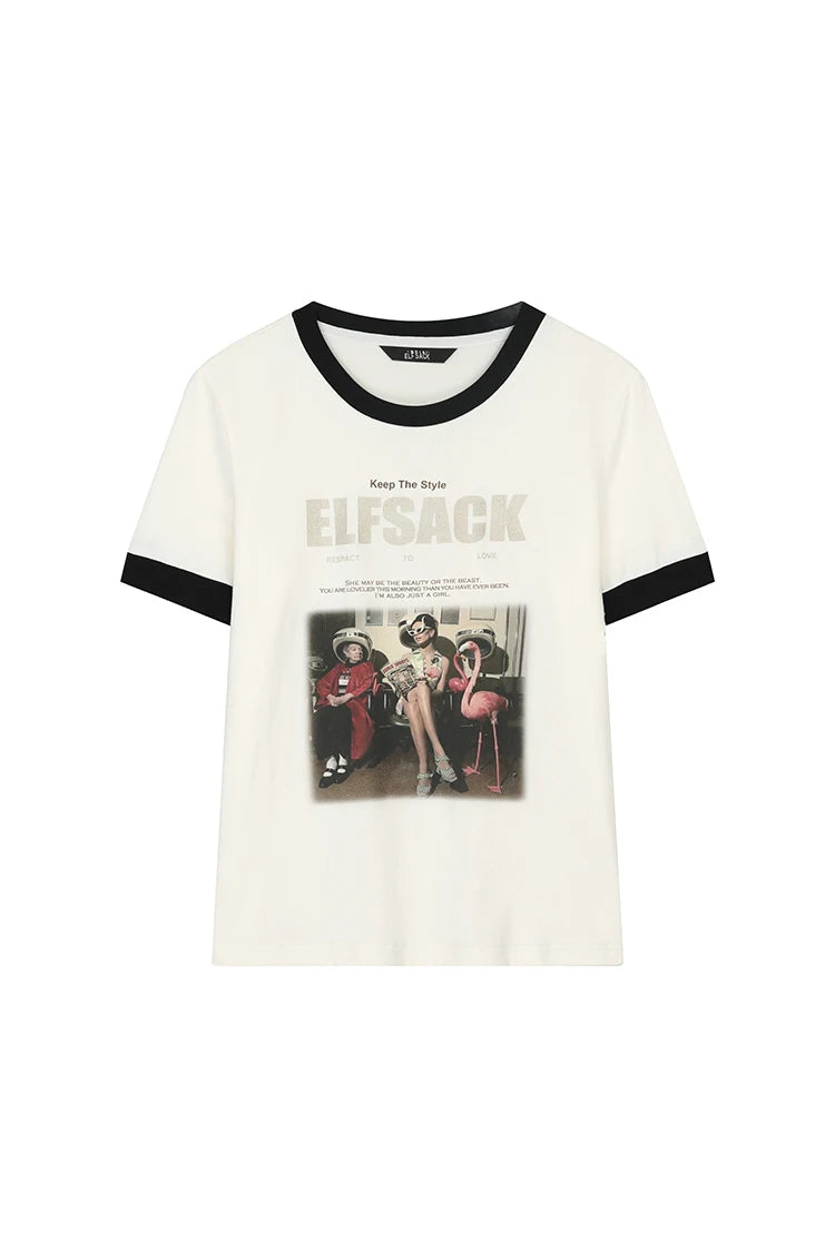 ELFSACK Women's Vintage Ringer T-Shirt with Photo Graphic Print, Retro Contrast Tee for Summer, Chic Aesthetic Short Sleeve Top