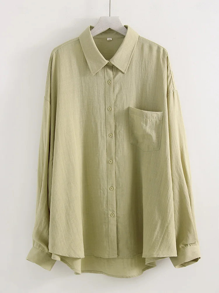 Streamgirl Summer White Linen Shirts For Women Oversized Long Sleeve Tops Lady Loose Basic Linen Tops Women Blue Shirts Oversize
