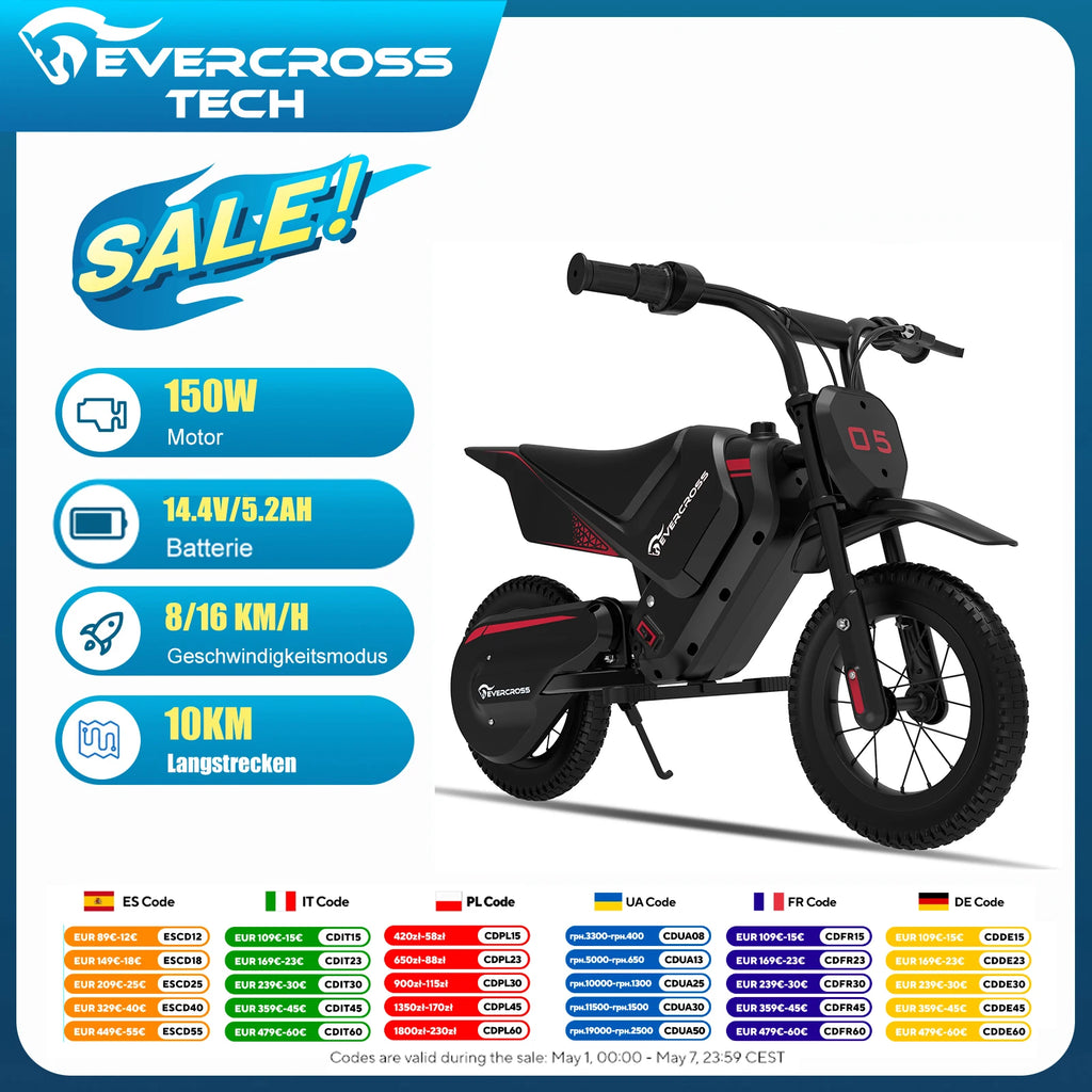 EVERCROSS EV05M KIDS E-MOTORBIKE - 150W, 8/16 km/h - 12 inch Adventure Ride