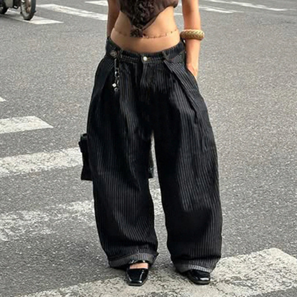 Striped Wide Leg Jeans - Low Rise Relaxed Retro Grunge