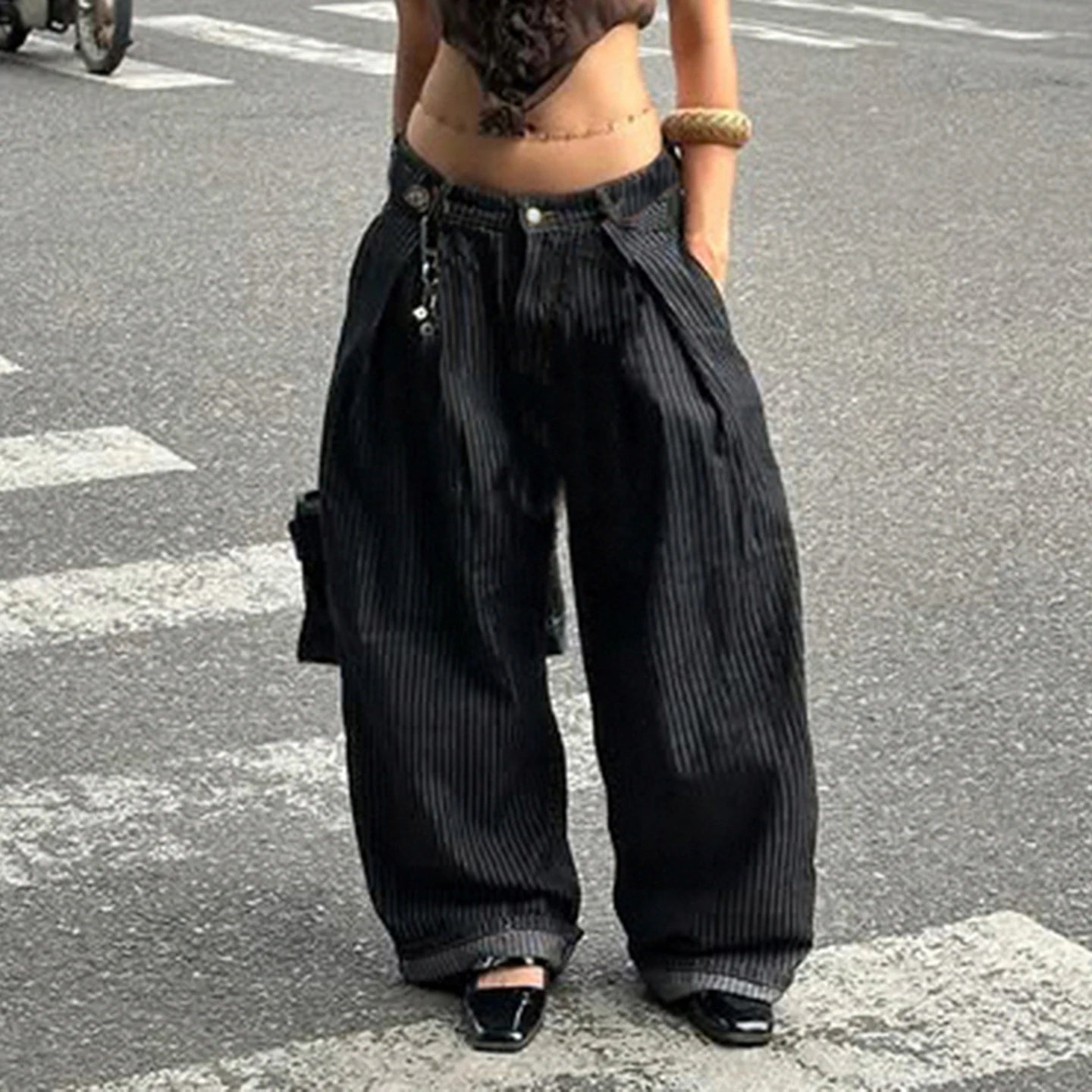 Striped Wide Leg Jeans - Low Rise Relaxed Retro Grunge