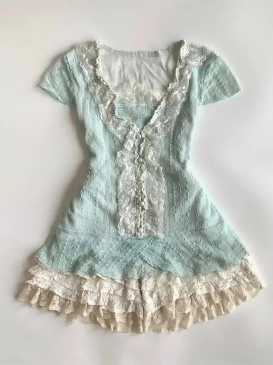 Lace Dress 2-piece Sweet Vintage Slim T shirt High Waist Elegant Mini Skirt Summer Korea Womens Dresses Y2k Party Dress Clothes