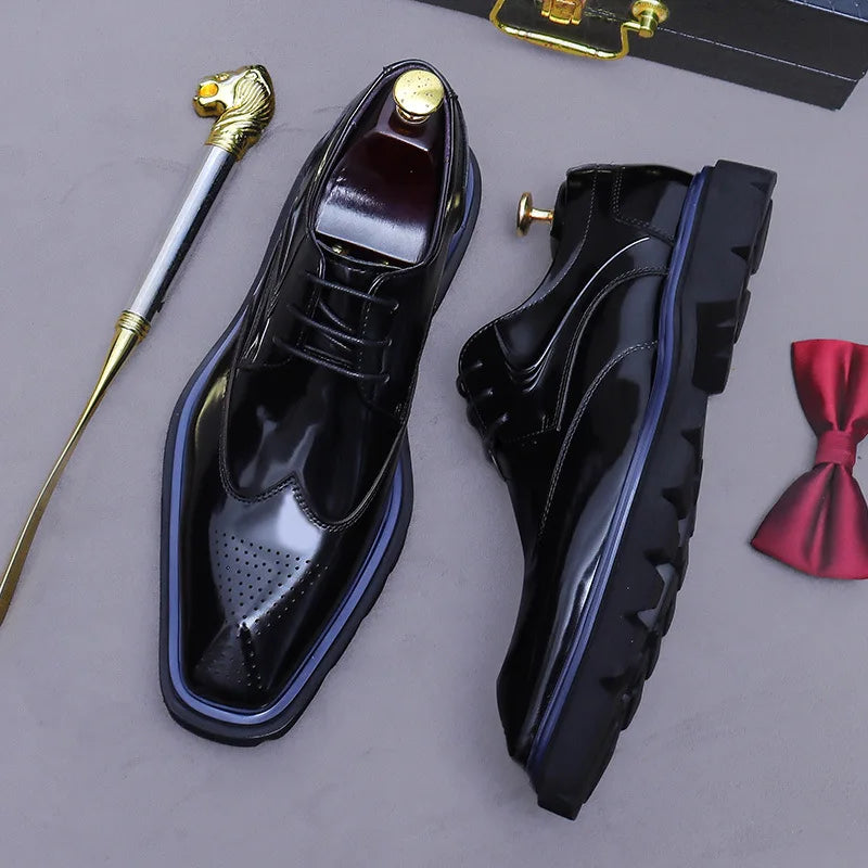 BURGUNDY WING - Men's Patent Leather Wingtip Brogue Derby Shoes - Thick Sole, Non-Slip Office Footwear