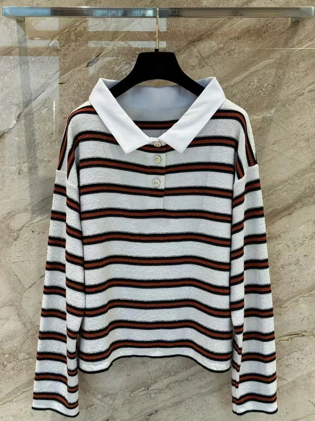 Women's Retro Striped Long Sleeve Polo Shirt Soft Fabric Horizontal Early Spring Collection C26 high version