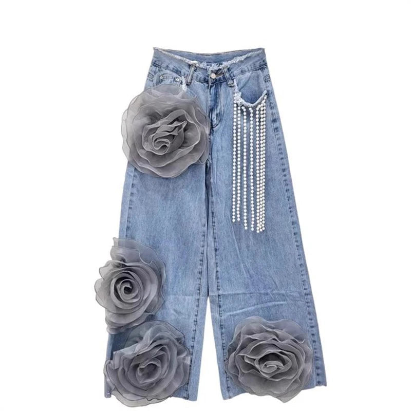3D Floral High Waist Wide Leg Jeans