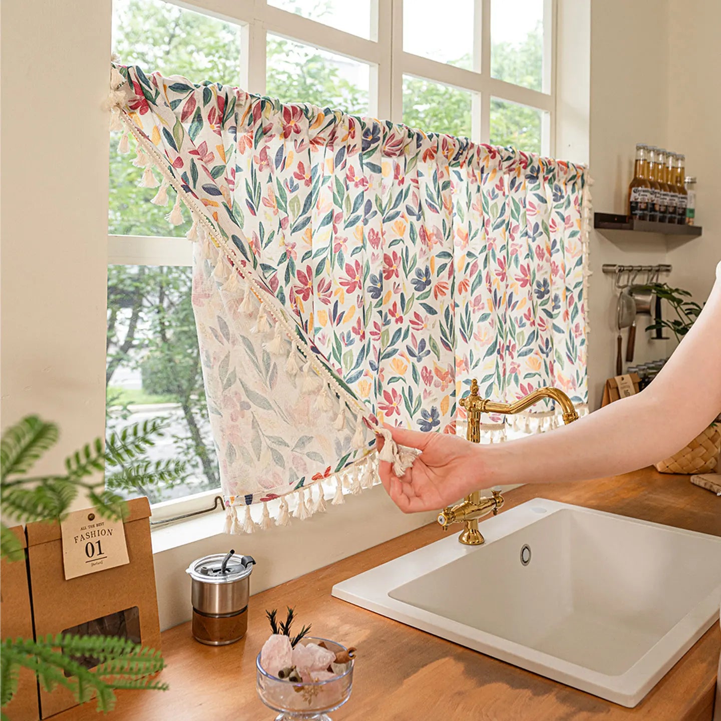 1pc Floral Print Short Curtain, Cotton Linen Semi-Sheer Coffee Curtains, Half Light Blocking Kitchen Decorative Curtains