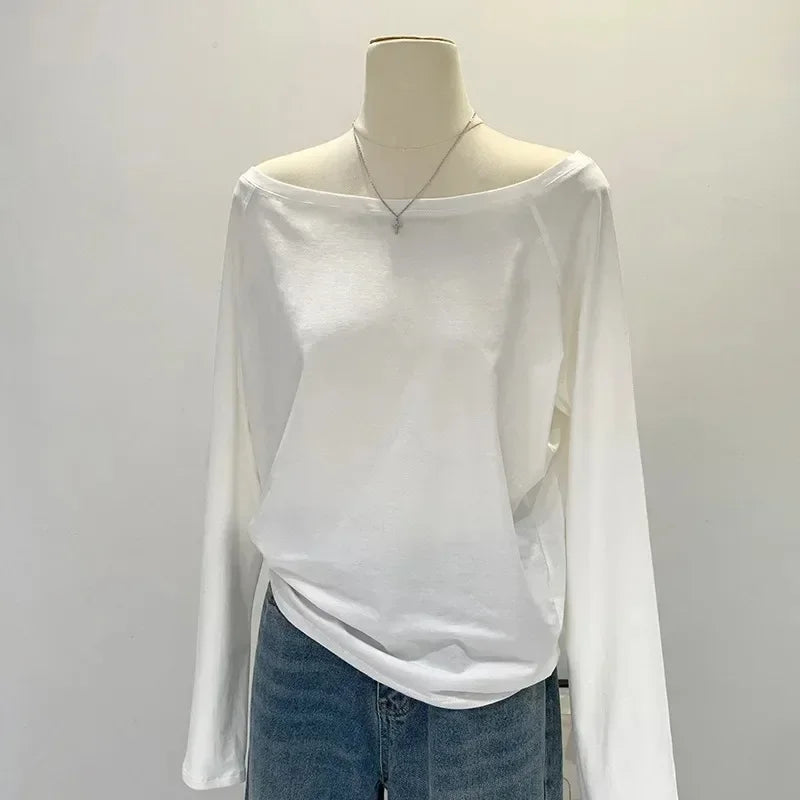 Autumn Winter One Shoulder Cotton Long Sleeve Slanted Shoulder Women's Clothing Style Inner Wide Truffle Shoulder Base Shirt