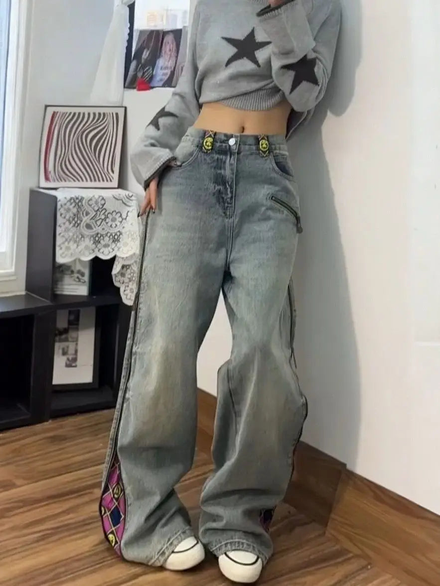 Retro Plaid Patchwork Straight Jeans - High Waist Baggy Vintage