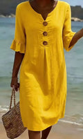 2026 Amazon European and American Cross-Border Spring and Summer New Cotton and Linen V-Neck Dress with Large Buttons and Ruffle