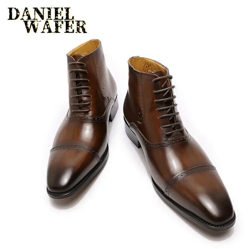 Men's Genuine Leather Oxford Ankle Boots - Brogue Cap Toe Lace-Up Dress Boots