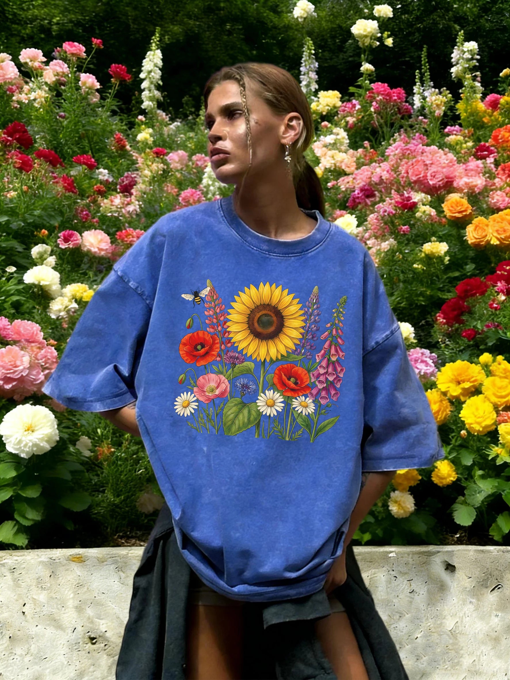 Colorful Sunflowers Beautiful Flowers Printed Washed T-Shirt Women O-Neck Cotton T Shirt Loose Clothes Vintage Summer Sportswear