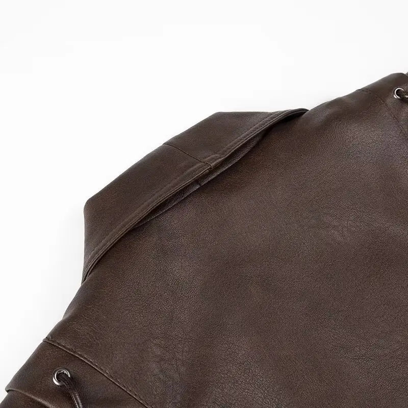 Mauroicardi Spring Autumn Short Retro Brown Pu Leather Jacket Women Sashes Lace Up Luxury Designer Emo Clothes European Fashion
