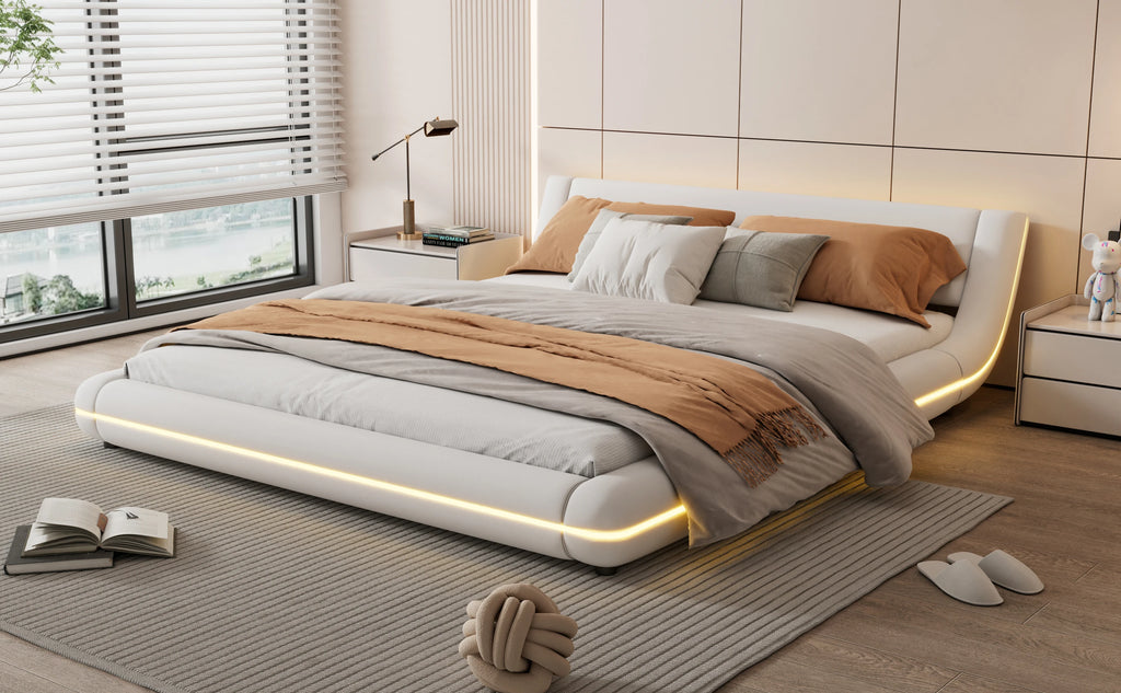 LED Floor Bed 160x200cm – RGB Remote, PU, White