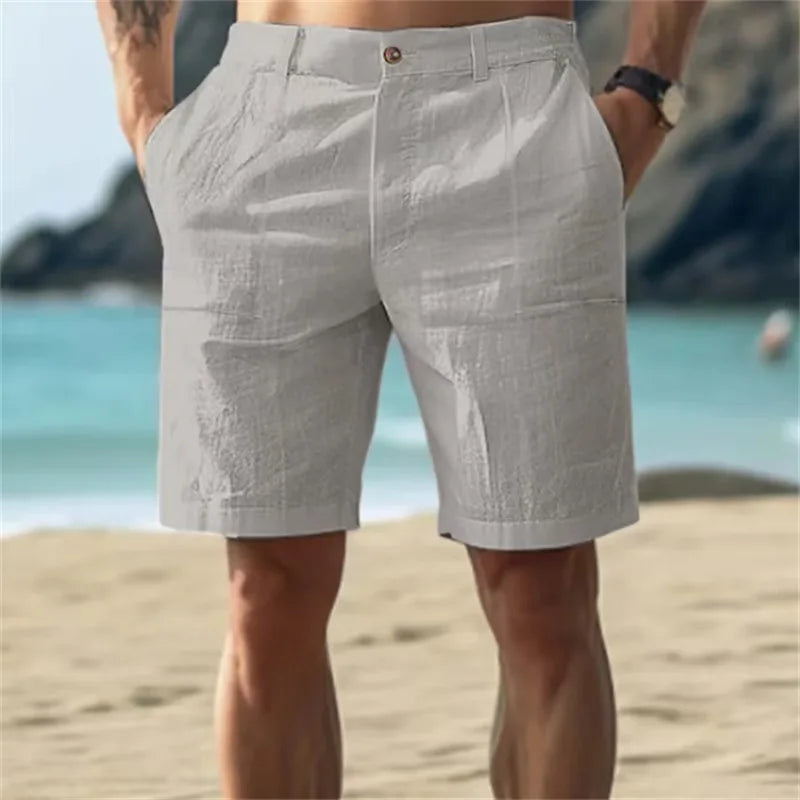 2025 Men's Solid Color Casual Short Pants Linen Beach Breathable Comfortable Straight Short Trousers Hawaiian Holiday Men's Pants