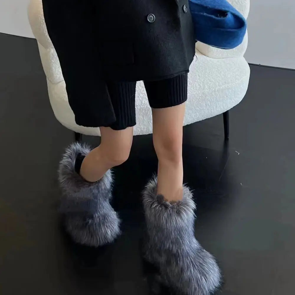 Faux Fox Fur Snow Boots – Plush Warm