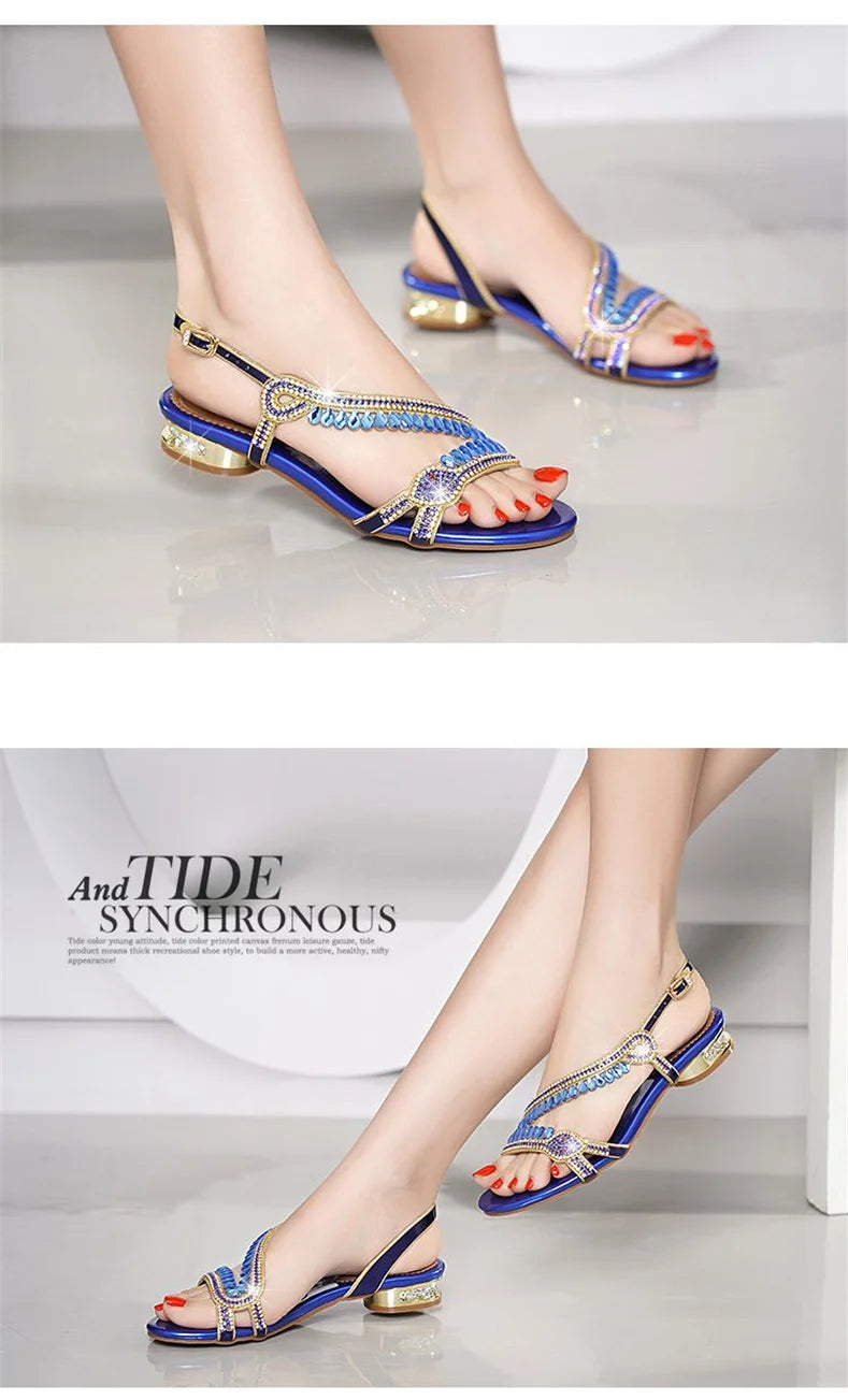 High-grade Rhinestones Fashion New Women's Summer Young Elegant Sandals Thick Heel Leisure Flat Bottomed Beach Sandals