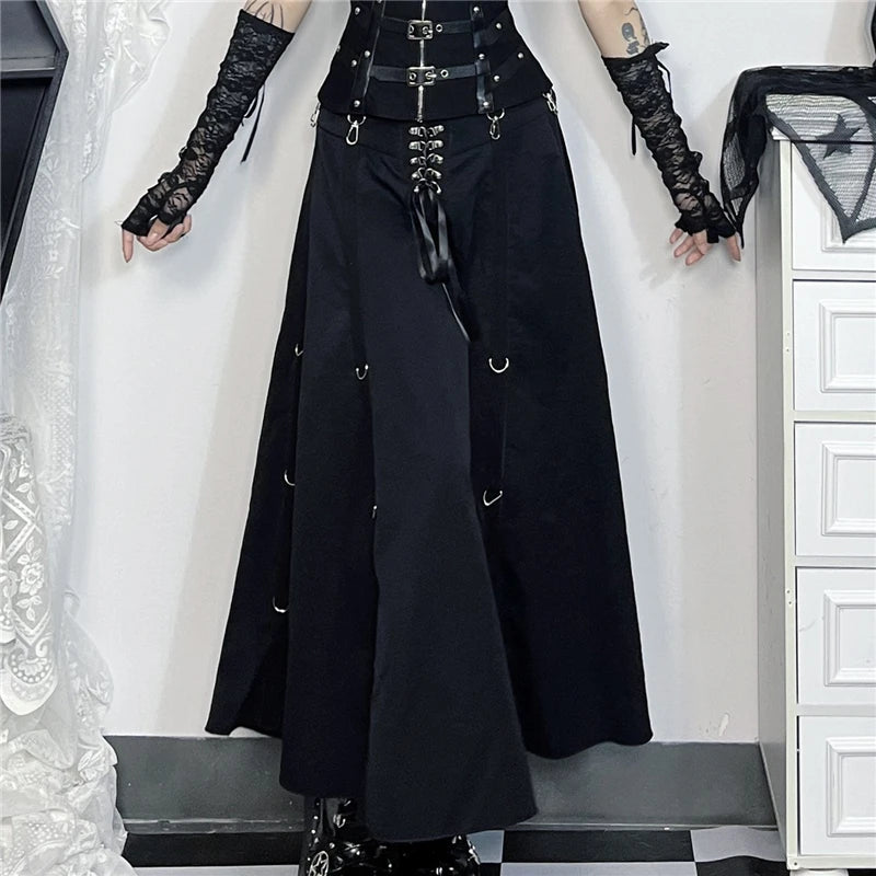 Goth Punk Lace-Up Long Skirt - Black Irregular A-Line with Rings