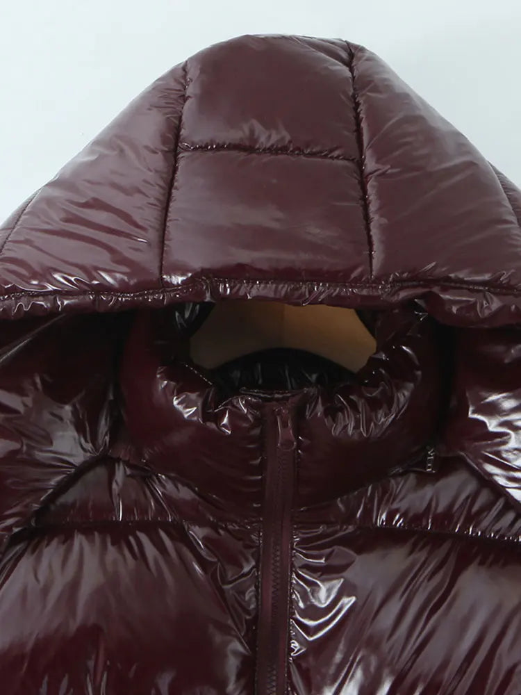 Glossy Hooded Parka – Y2K Stand Collar Zip Long Sleeve