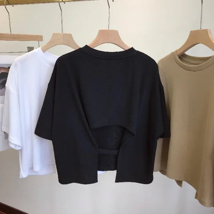 Summer Vintage Women's Short Sleeve Tee Korean Casual Backless Overside T-Shirt Round Neck Short-Sleeved Crop Tops Y2k Brown Top