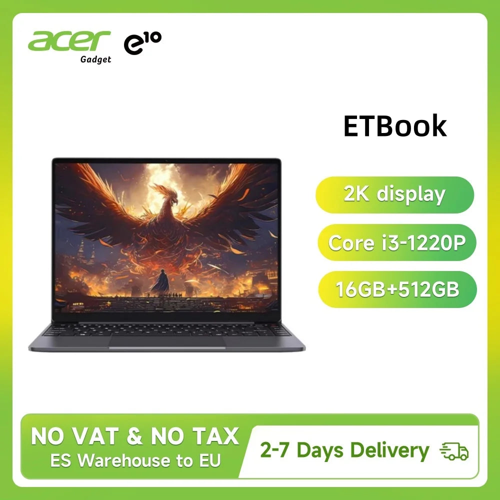 Acer E10 ETBook 14" 2K - i3-1220P Ultra-Thin Laptop