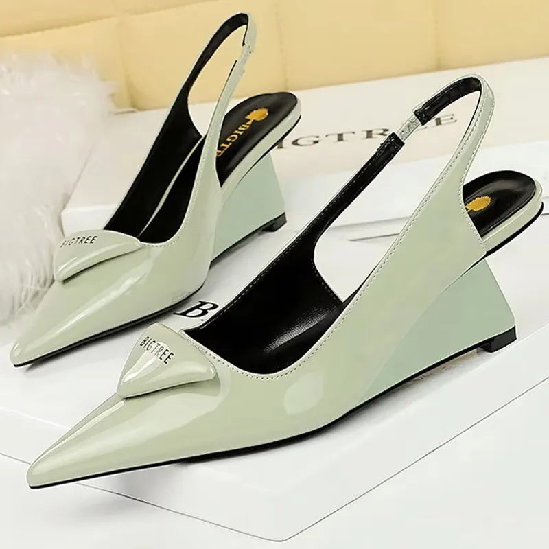 Patent Leather Wedge Pumps – Pointed Toe Hollow Back Strap