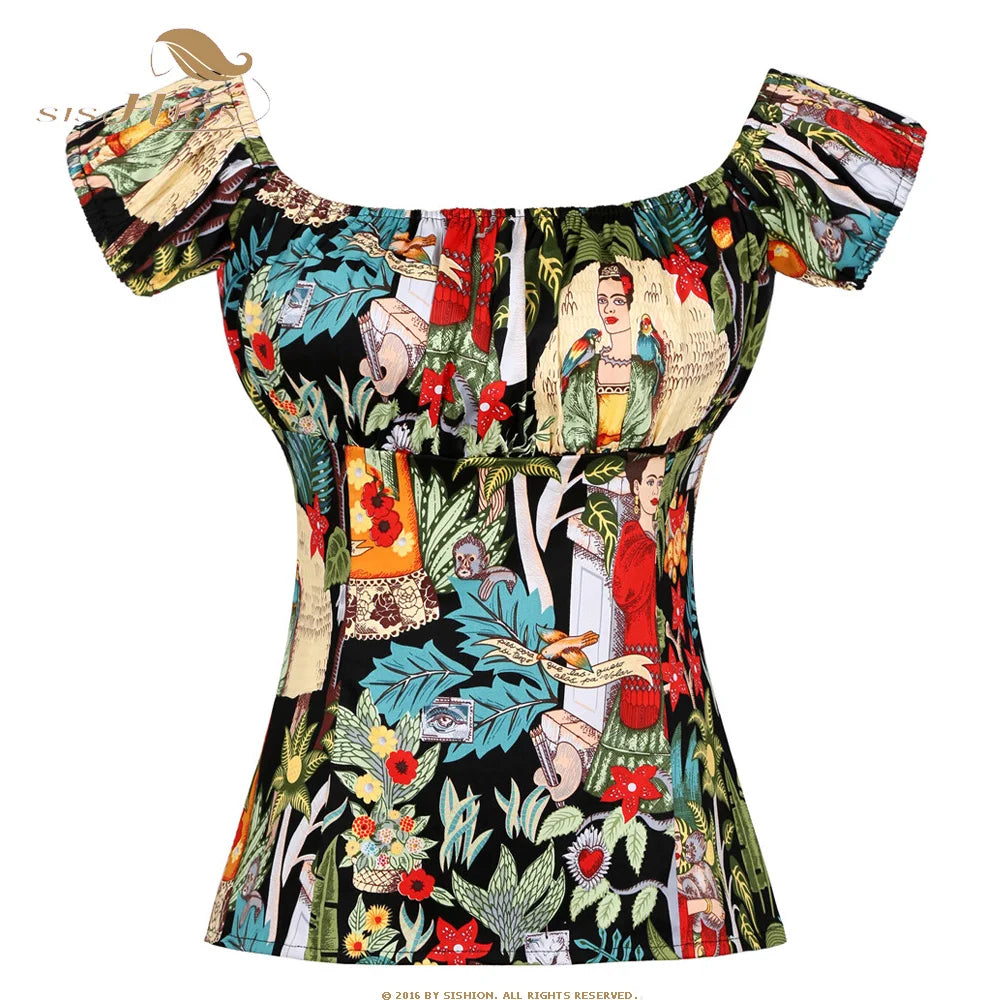 SISHION 2026 Cotton Printed Women 50s 60s Vintage T-Shirts WS0004 Rockabilly Slash Neck Camisetas Casual Y2K Tops Summer Blouses