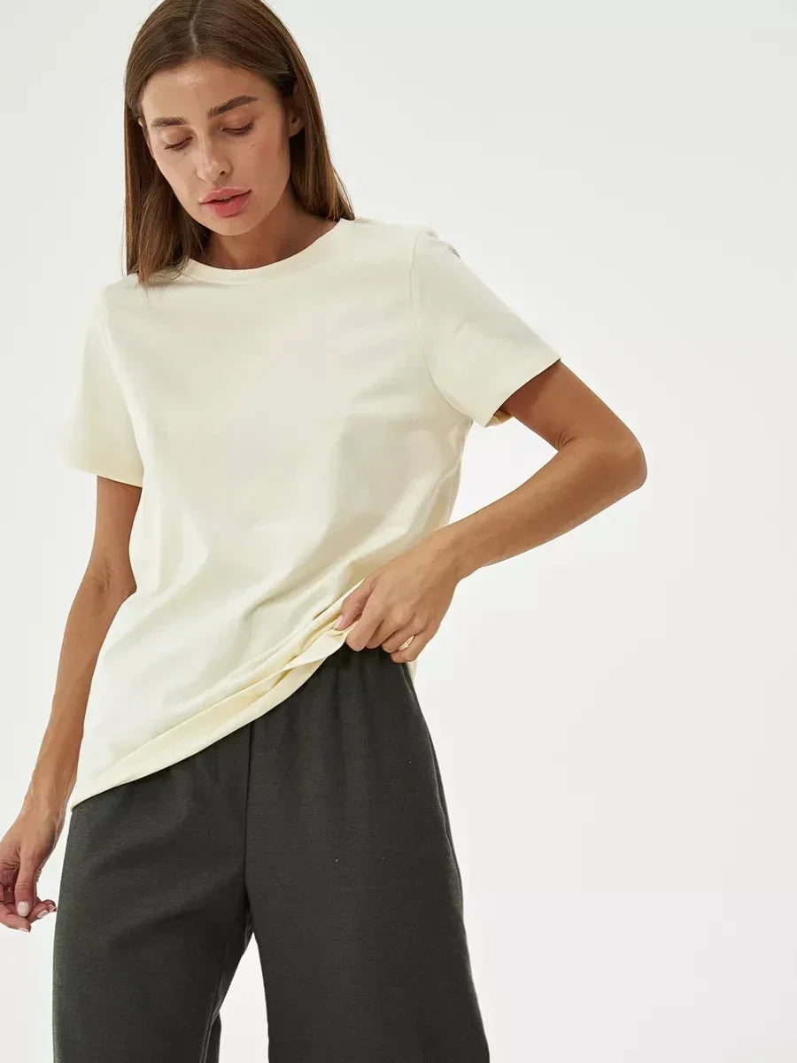 Bornladies Summer 100% Cotton Women's T-shirt Basic Fashionable Solid Lady Short Sleeve Loose Tops 230g/㎡