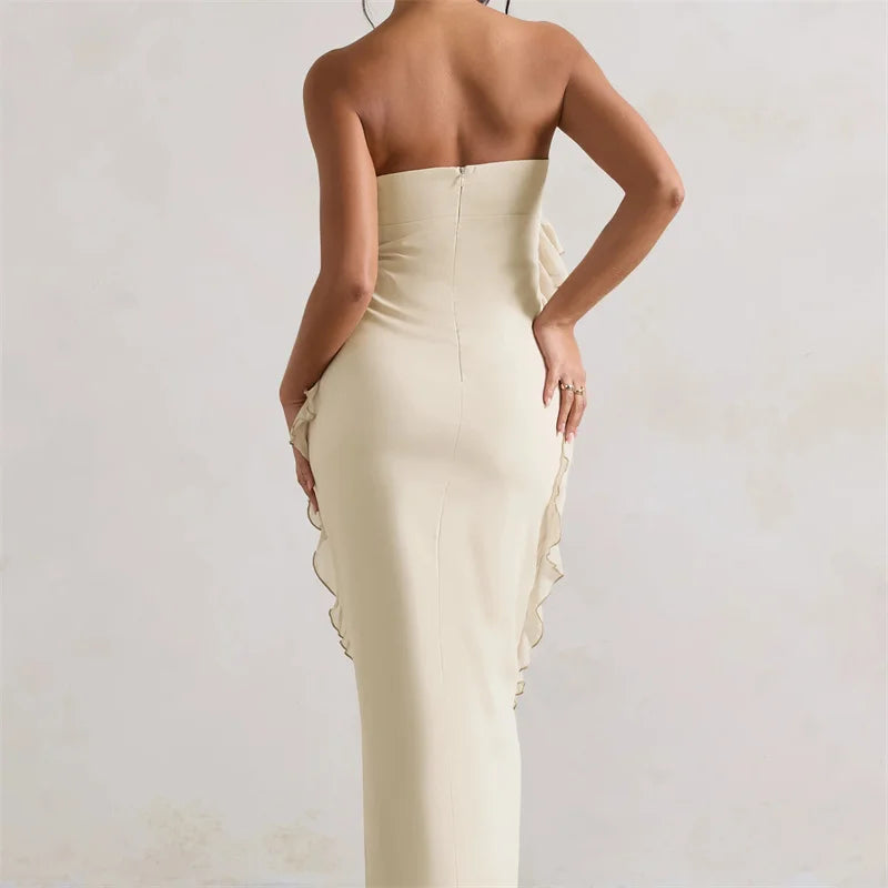 Mint green strapless 3D floral slit evening dress, fitted bodycon dress for dates, vacations, and parties