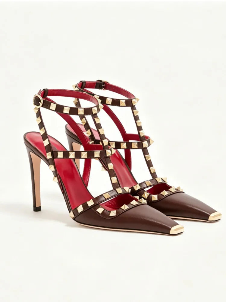 Studded High Heel Sandals – T-Strap Pointed Toe Stiletto Party Heels